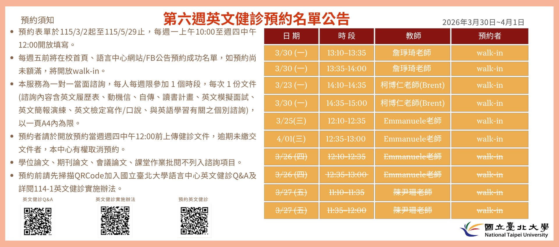 第四週(3月30日至4月01日) 英文健診預約名單如下圖。
無人預約的時段當日提供walk-in。(備註：週一和週三時段的walk-in，僅受理英文履歷表、英文模擬面試及英文簡報演練。)
   

英文健診預約相關資訊如下：

114學年度第2學期於2026/3/2 (一) 起 ~ 5/28 (五)止開放預約健診。預約連結：https://reurl.cc/74jk79，歡迎同學上網預約。
預約表單於每週一上午10:00至週四中午12:00前開放填寫。
每週五前將在校首頁、語言中心網站/FB公告預約成功名單，如預約尚未額滿，將開放walk-in。
本服務為一對一當面諮詢，每人每週限參加 1 個時段，每次 1 份文件 (諮詢內容含英文履歷表、動機信、自傳、讀書計畫、英文模擬面試、英文簡報演練、英文檢定寫作/口說、與英語學習有關之個別諮詢)， 以一頁A4內為限。
預約者請於開放預約當週週四中午12:00前上傳健診文件，逾期未繳交文件者，本中心有權取消預約。
學位論文、期刊論文、會議論文、課堂作業批閱不列入諮詢項目。
預約前請先加入：國立臺北大學語言中心英文健診Q&A
詳情請看：114學年度第1學期英文健診實施辦法
若有任何問題，歡迎來信/來電詢問：
信箱：harryliu@gm.ntpu.edu.tw
電話：(2) 886-2-8674-1111 #66481
